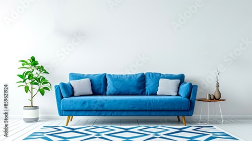 Bright and stylish living room with modern furniture and vibrant blue couch. Perfect for home interiors and decor enthusiasts. A clean and fresh atmosphere perfect for relaxation. AI. photo