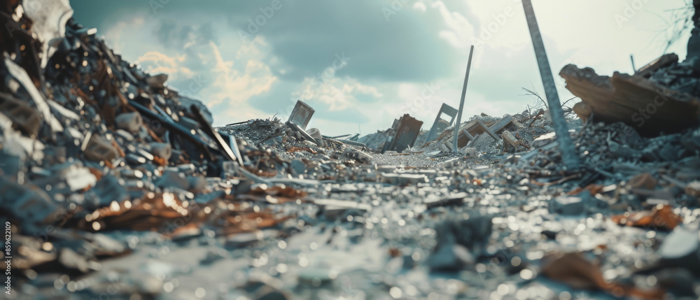 A desolate pathway through debris and ruins under a cloudy sky, evocative of a post-disaster environment and silent despair. A desolate pathway through debris and ruins under a cloudy sky, evocative of a post-disaster environment and silent despair.