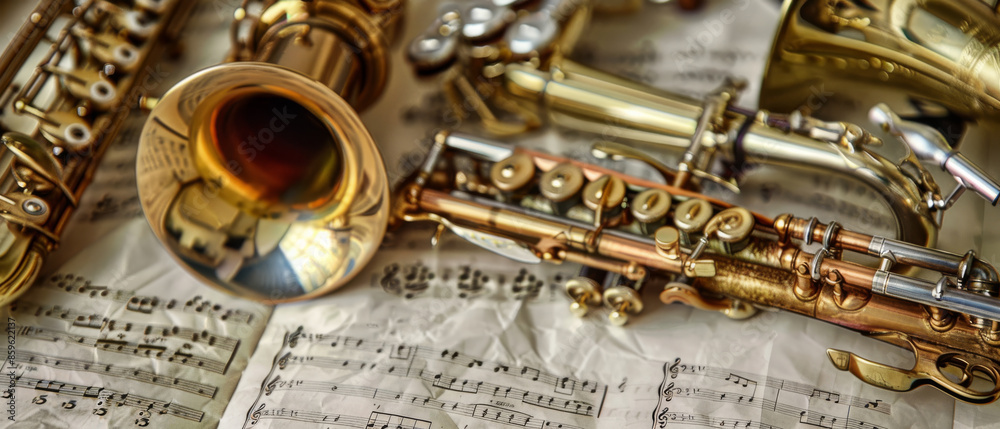 Naklejka premium A vibrant composition of brass instruments arranged on a bed of sheet music, capturing the essence of classical music and craftsmanship.