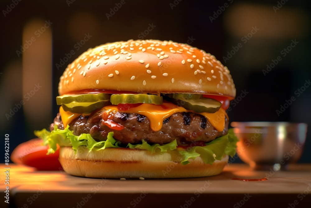 A Savory Cheeseburger Stack Featuring Layers of Flavor on a Dark Background A Savory Cheeseburger Stack Featuring Layers of Flavor on a Dark Background