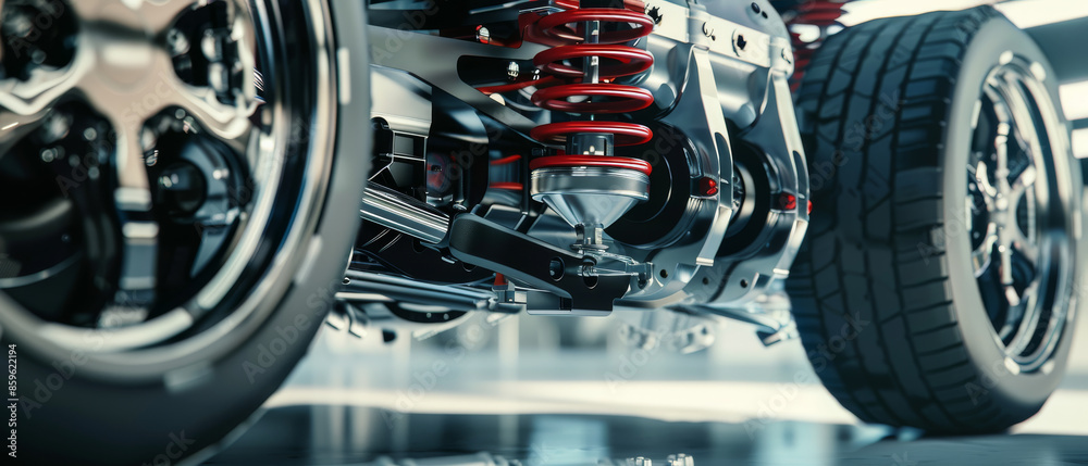 Fototapeta premium An intricate view of a car's wheel and suspension system showcasing sleek design and advanced automotive engineering.