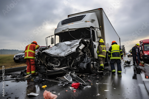 Highway Emergency Response at a Severe Car and Semi-Truck Collision Scene © Mitchell