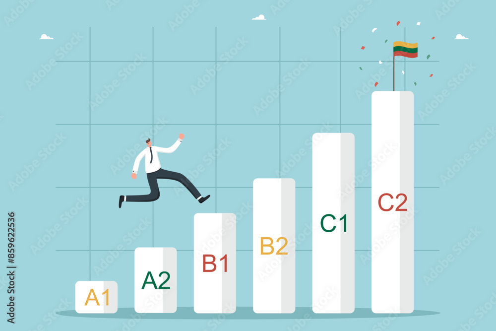 Studying Lithuanian language, online courses at language school, Lithuanian proficiency levels, future brilliant knowledge of a language, man runs on an ascending graph towards the Lithuanian flag. Studying Lithuanian language, online courses at language school, Lithuanian proficiency levels, future brilliant knowledge of a language, man runs on an ascending graph towards the Lithuanian flag.
