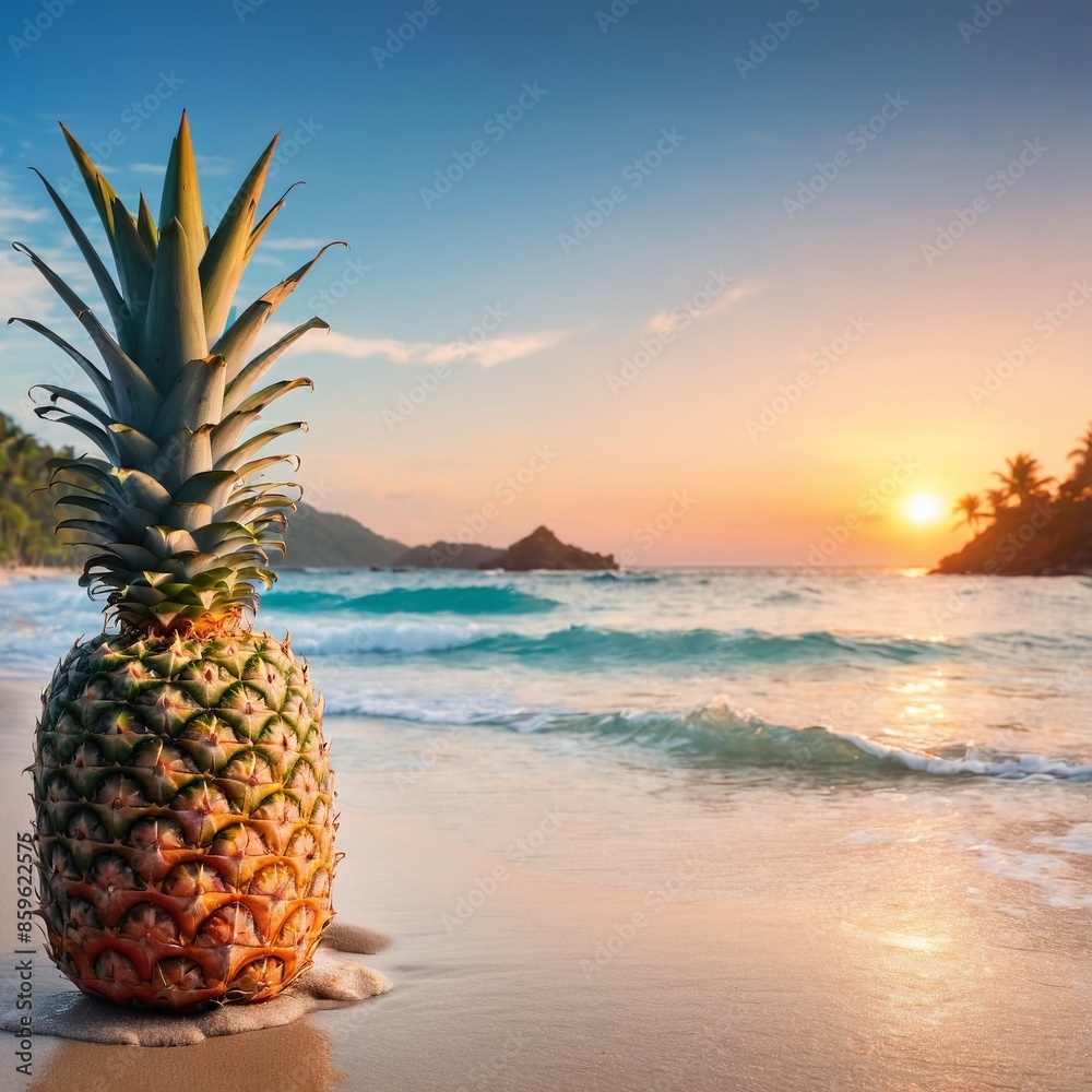 Pineapple on exotic sand beach at sunrise or sunset sea background. Pineapple on exotic sand beach at sunrise or sunset sea background.