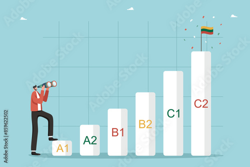 Studying Lithuanian language, online courses at language school, Lithuanian proficiency levels, man stands at lower level of A1 and looks through binoculars at future brilliant knowledge of language.