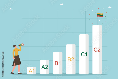 Studying Lithuanian language, online courses at language school, Lithuanian proficiency levels, woman stands at lower level A1 and looks through a telescope at future brilliant knowledge of language.