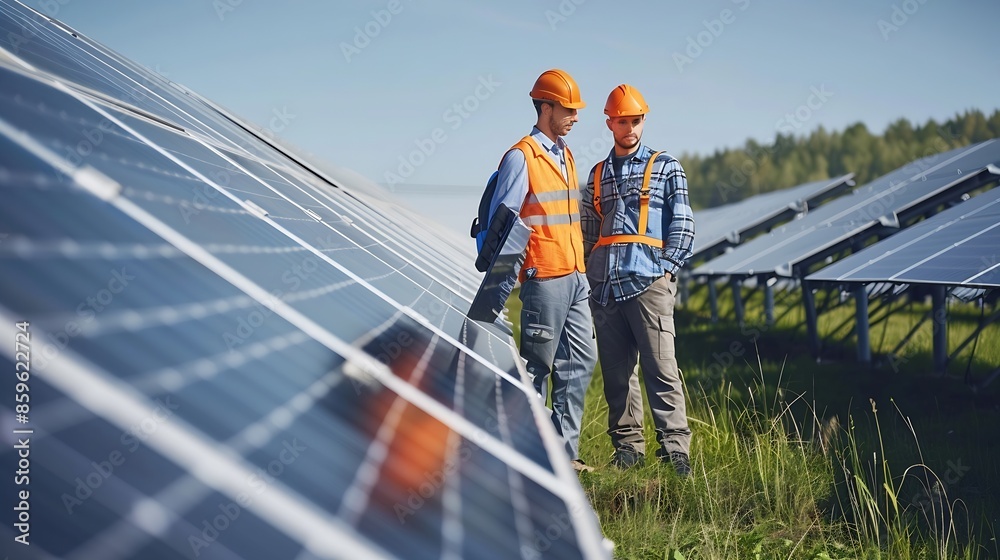 The solar farmsolar panel with two engineers walk to check the operation of the system Alternative energy to conserve the worlds energy Photovoltaic module idea for clean energy produc : Generative AI The solar farmsolar panel with two engineers walk to check the operation of the system Alternative energy to conserve the worlds energy Photovoltaic module idea for clean energy produc : Generative AI