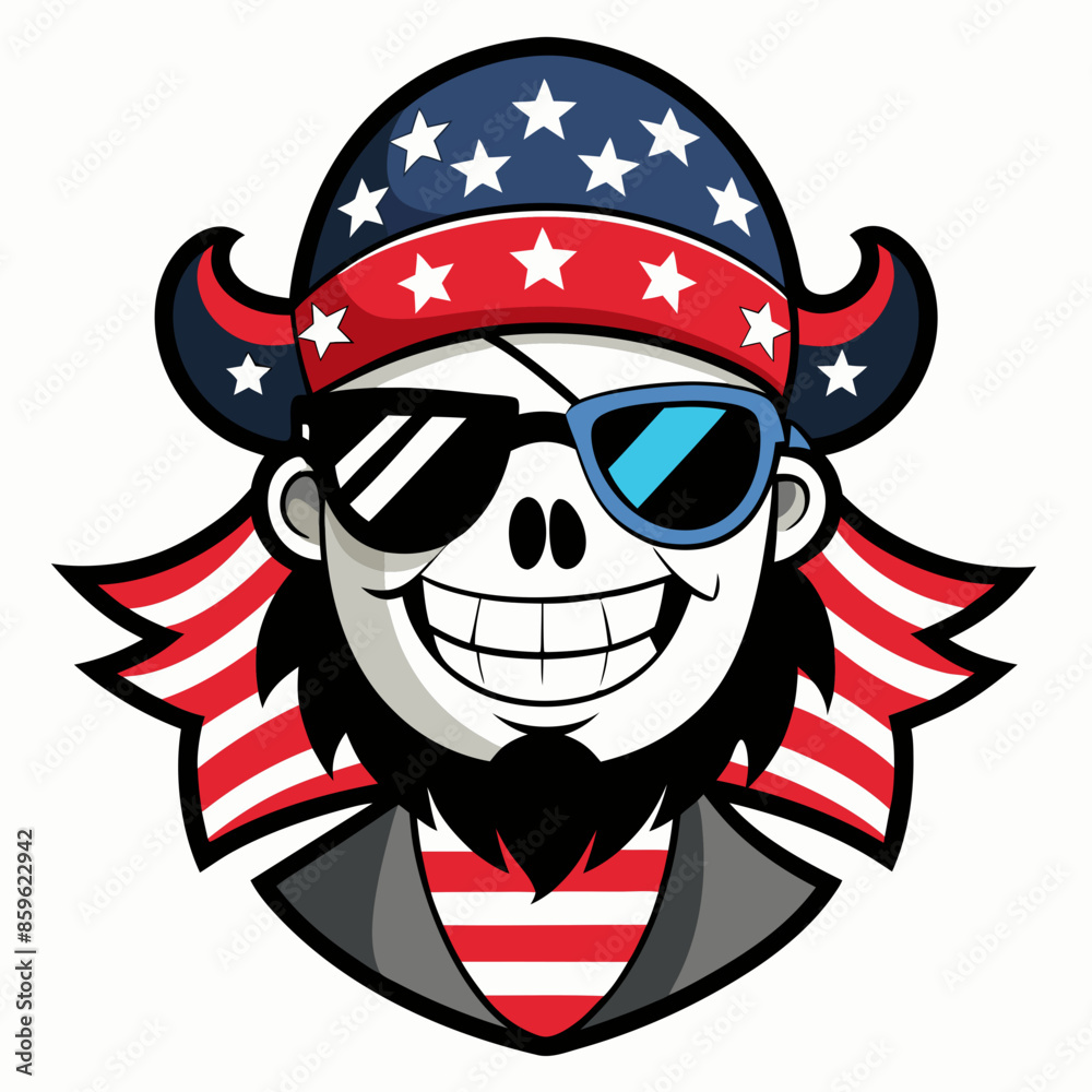 Black and White Illustration of a Smiling Pirate Wearing Patriotic American Flag Sunglasses Black and White Illustration of a Smiling Pirate Wearing Patriotic American Flag Sunglasses