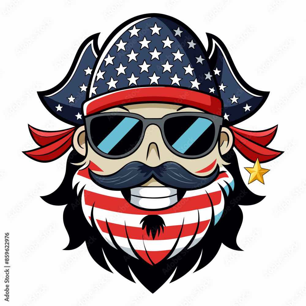 Fototapeta premium Black and White Illustration of a Smiling Pirate Wearing Patriotic American Flag Sunglasses