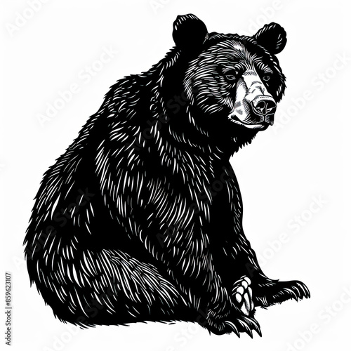 A black and white drawing of a bear sitting down
