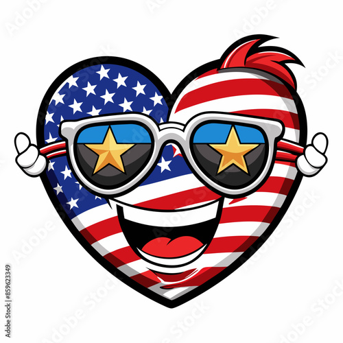 Black and White Illustration of a Smiling Heart Wearing Patriotic American Flag Sunglasses