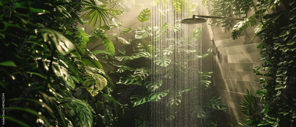 Obraz premium A modern, eco-friendly shower surrounded by thick, lush greenery, with sunlight filtering through leaves, creating a tranquil jungle atmosphere.