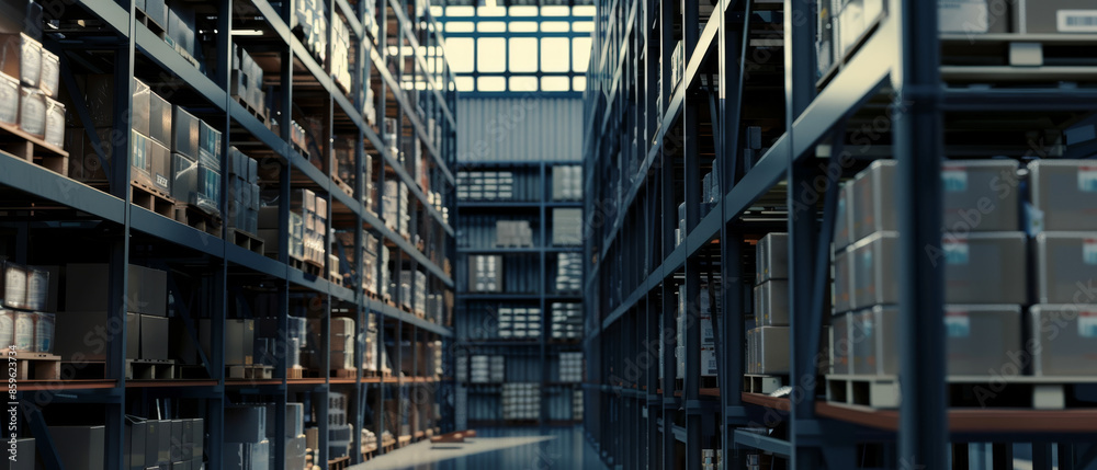 Obraz premium Endless rows of shelves stacked with boxes in a large, organized warehouse, illuminated by natural light streaming in through high windows.