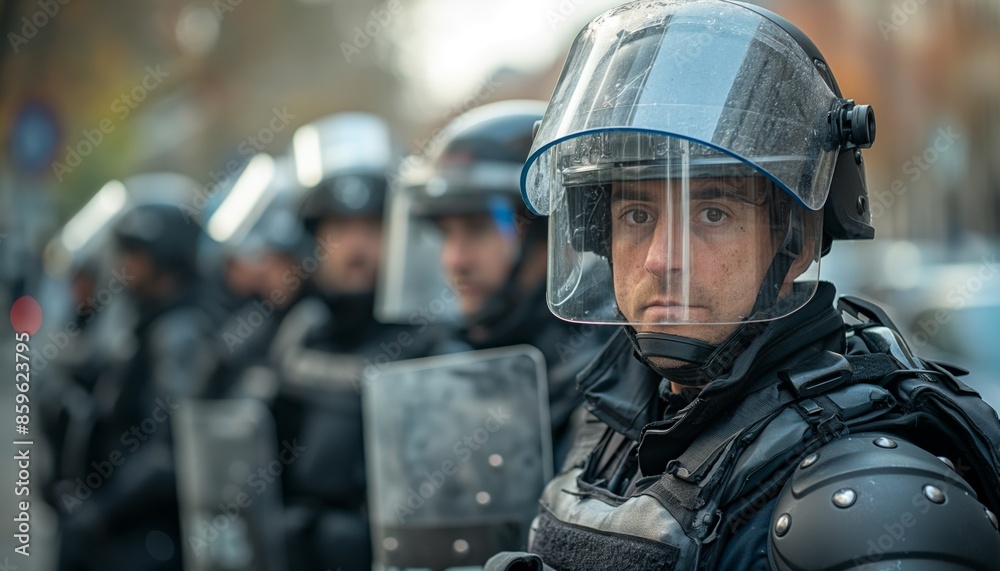 Obraz premium A group of police officers wearing riot gear stand alert and vigilant on duty, embodying readiness and determination to maintain peace and public safety in challenging scenarios.