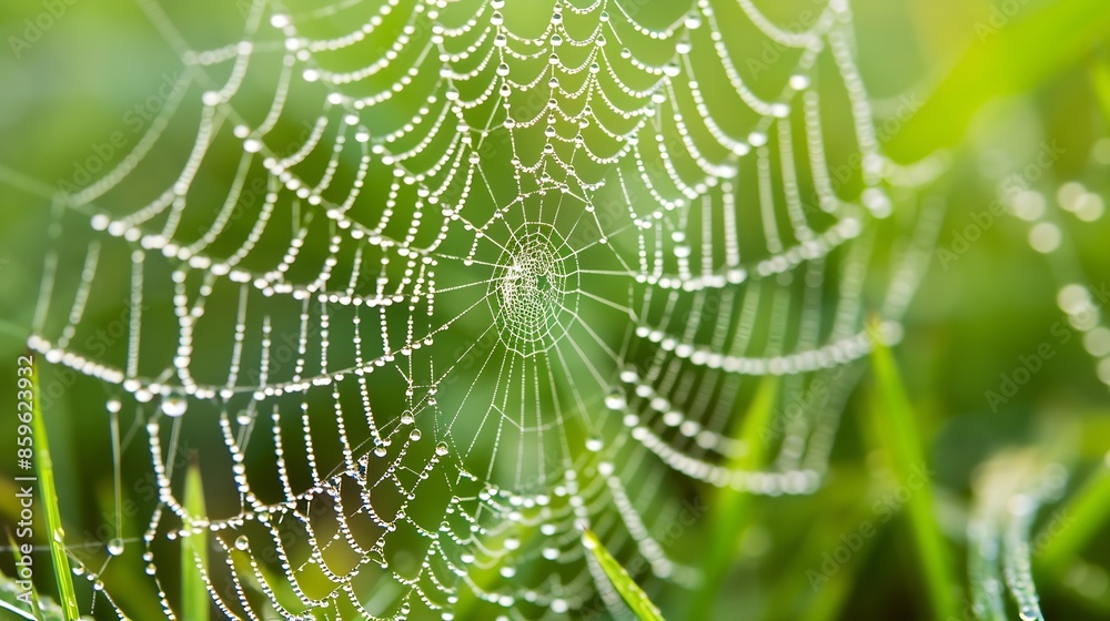 Macro spiders web covered in large rain drops after an afternoon rain shower with a blurred background of green grass : Generative AI Macro spiders web covered in large rain drops after an afternoon rain shower with a blurred background of green grass : Generative AI