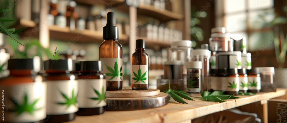 A wooden shelf stocked with various herbal products in brown dropper bottles and white-labeled containers, each adorned with a green cannabis leaf emblem. A wooden shelf stocked with various herbal products in brown dropper bottles and white-labeled containers, each adorned with a green cannabis leaf emblem.