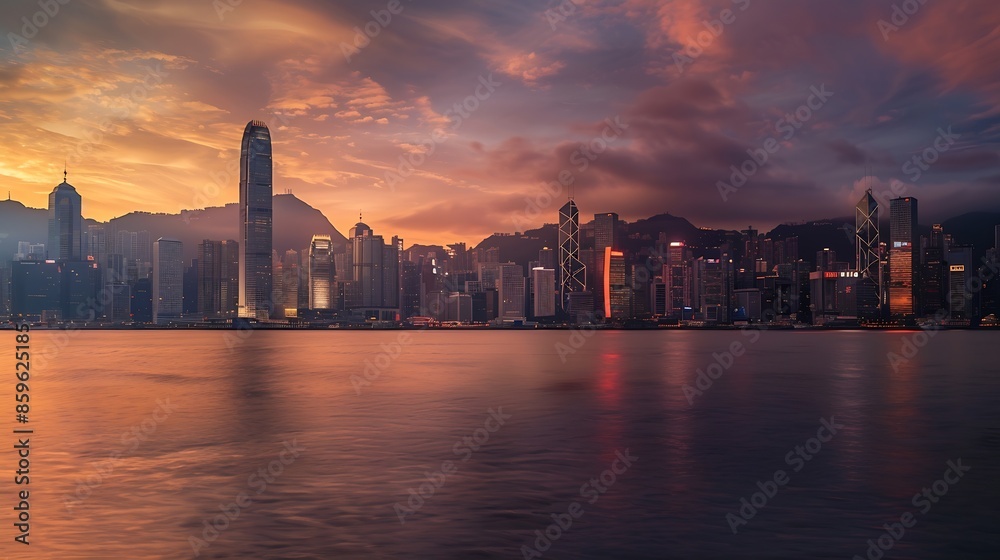 Fototapeta premium View of Hong Kong skyline with financial district at sunset along the Victoria Harbour and Kowloon Bay Hong Kong China : Generative AI