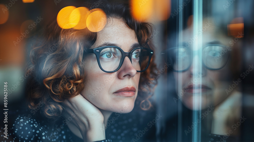 A contemplative image of a woman with glasses looking outside a window, suggesting introspection, thoughtfulness, and quiet reflection. A contemplative image of a woman with glasses looking outside a window, suggesting introspection, thoughtfulness, and quiet reflection.