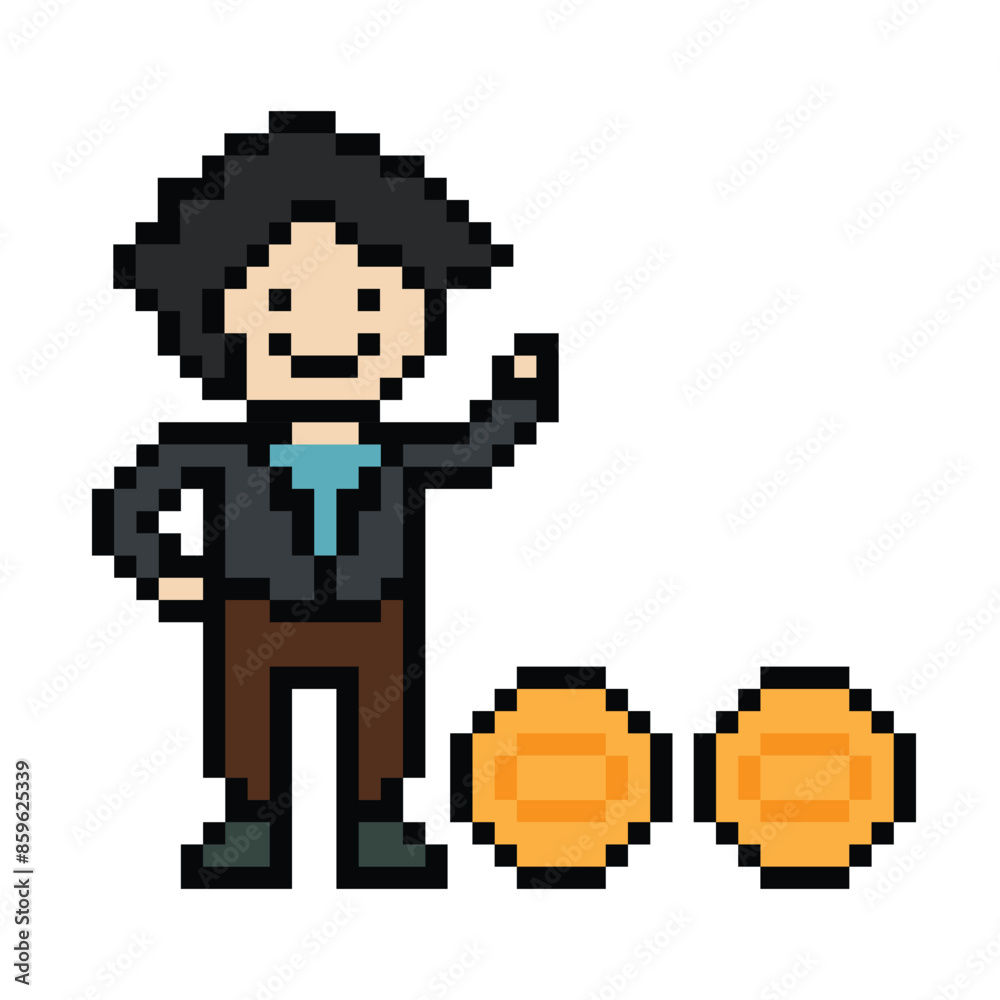 Obraz premium Cute pixel cartoon 8bit character business man businessman smart game vector for decoration business 8 bit male career smart character game vector.