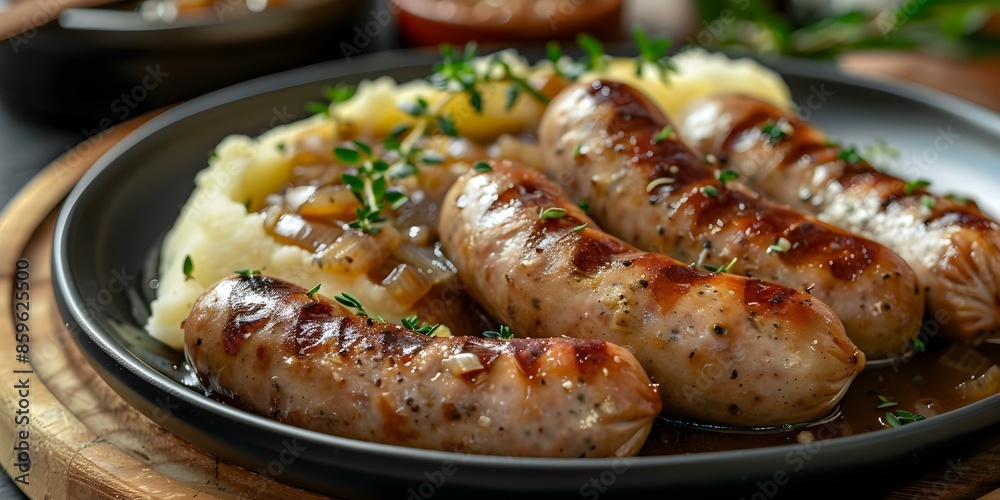 Classic British Dish Sausages, Mashed Potatoes, and Onion Gravy. Concept British Cuisine, Sausages, Mashed Potatoes, Onion Gravy, Comfort Food Classic British Dish Sausages, Mashed Potatoes, and Onion Gravy. Concept British Cuisine, Sausages, Mashed Potatoes, Onion Gravy, Comfort Food