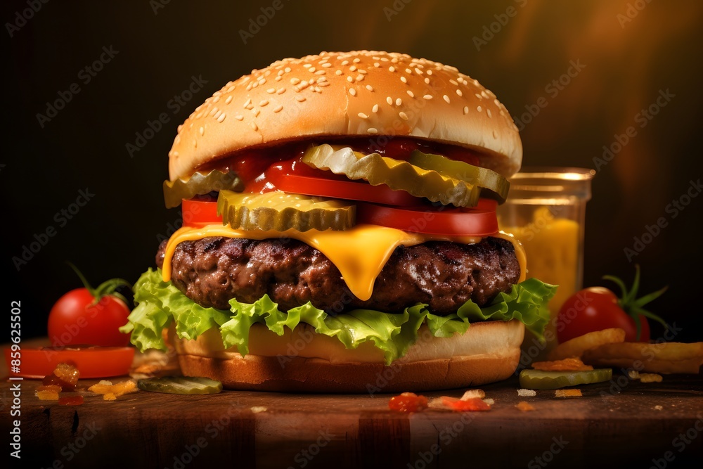 A Savory Cheeseburger Stack Featuring Layers of Flavor on a Dark Background A Savory Cheeseburger Stack Featuring Layers of Flavor on a Dark Background