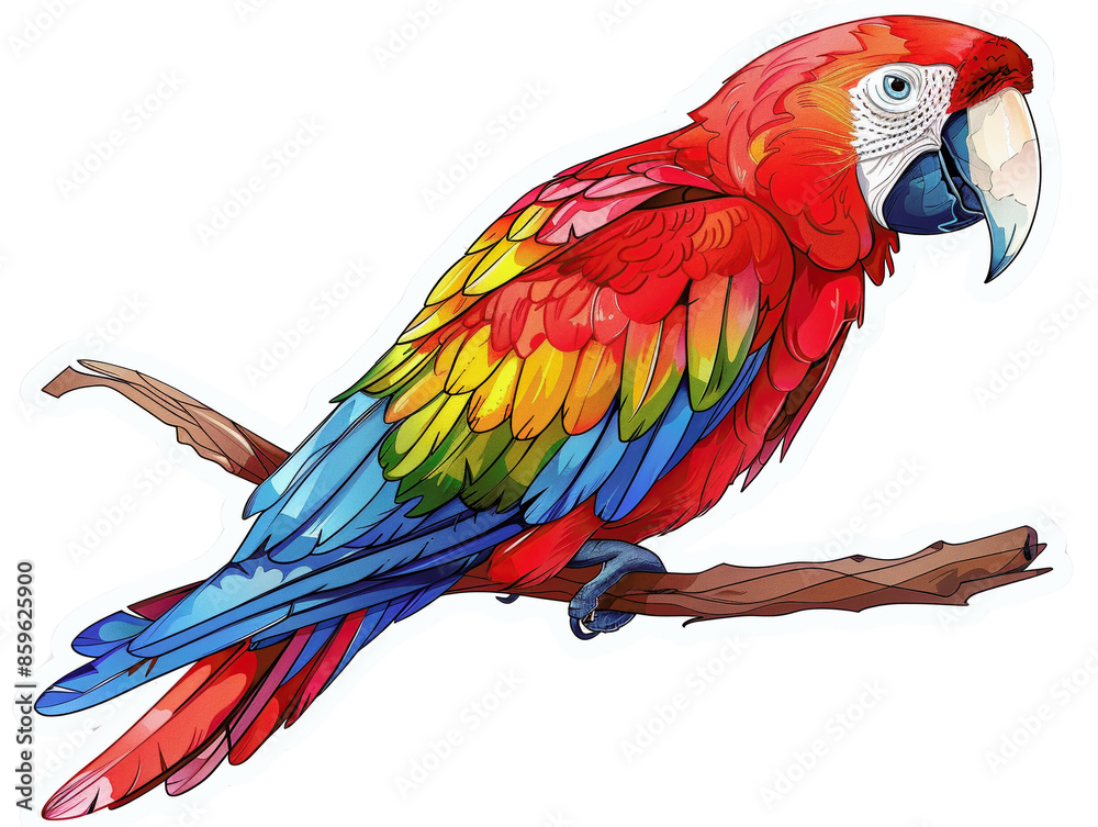 Obraz premium A vibrant red, yellow, and blue macaw parrot perched on a branch. The bird's feathers are detailed and realistic, with a white beak and blue face.