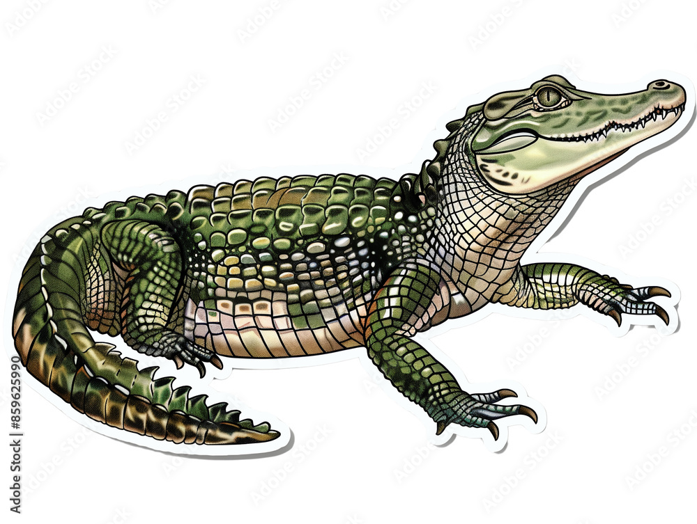A small alligator with green scales and a toothy grin, isolated on a white background. A small alligator with green scales and a toothy grin, isolated on a white background.