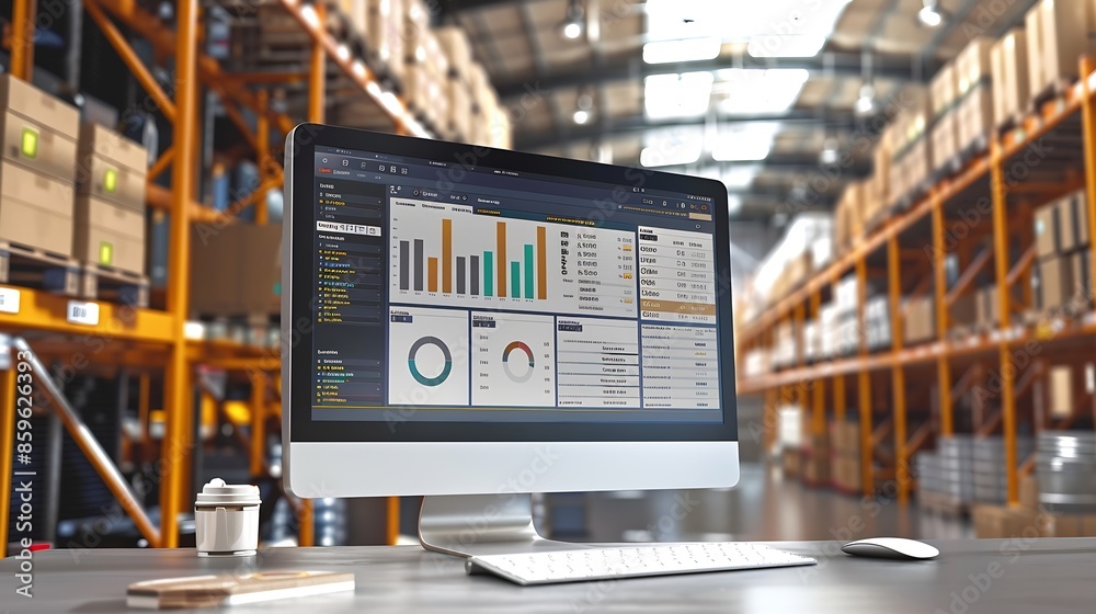 Warehouse management innovative software in computer for real time monitoring of goods package delivery Computer screen showing smart inventory dashboard for storage and supply chain : Generative AI Warehouse management innovative software in computer for real time monitoring of goods package delivery Computer screen showing smart inventory dashboard for storage and supply chain : Generative AI