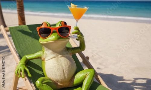 Green frog enjoying a cocktail at the beach, chilling out in sunglasses with summer vibes. Palm trees and ocean backdrop make it perfect for vacation and holiday themes. Great for promoting summer get photo