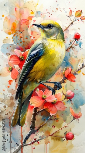 Watercolor Oreole Bird on Branch photo