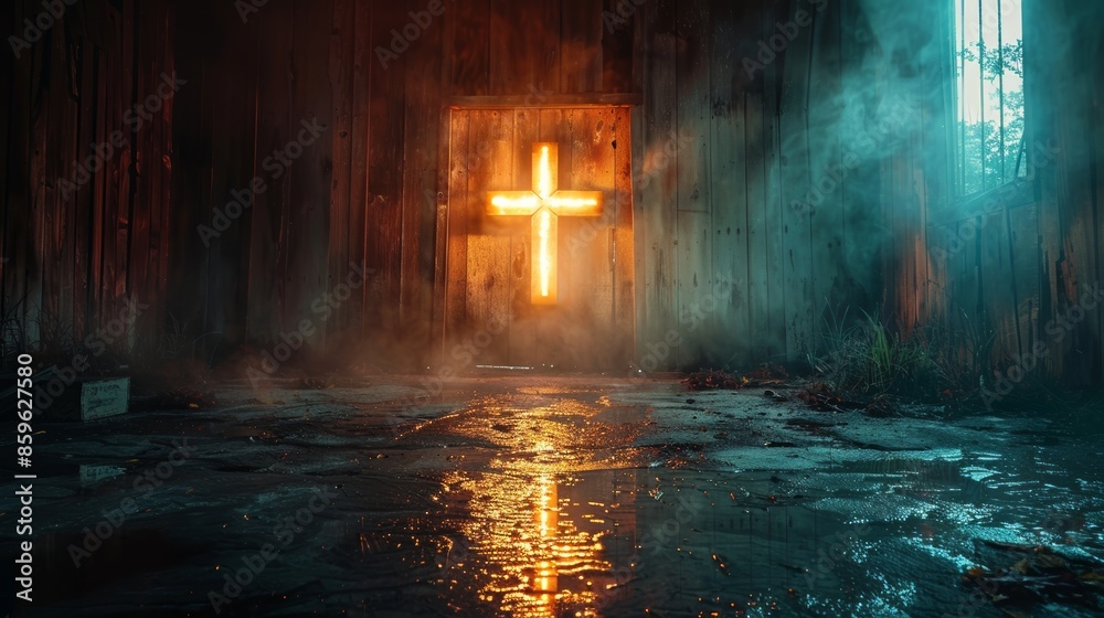 Fototapeta premium Abandoned wooden room with glowing cross and foggy atmosphere, eerie and haunting concept