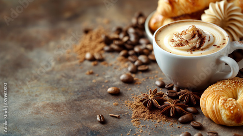 Coffee and pastry background with a Croissants and coffee beans.