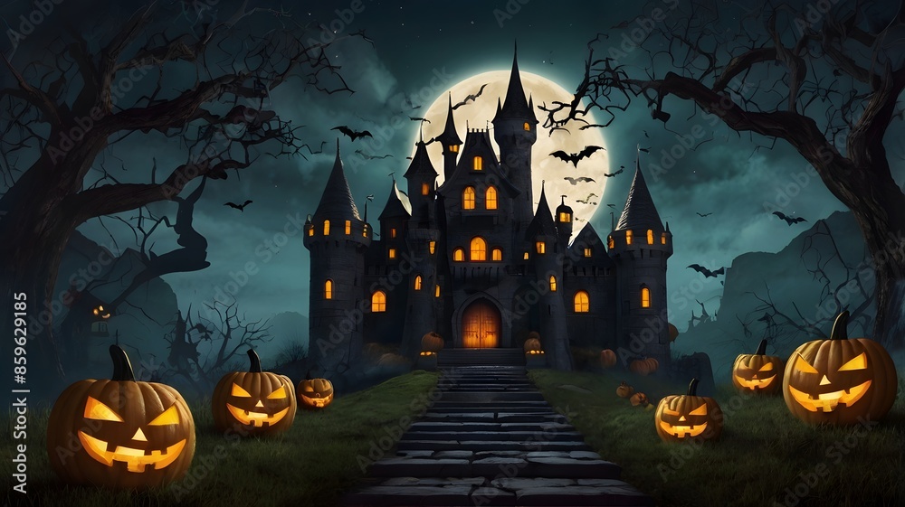 Halloween background with castle and pumpkin. Halloween background with castle and pumpkin.