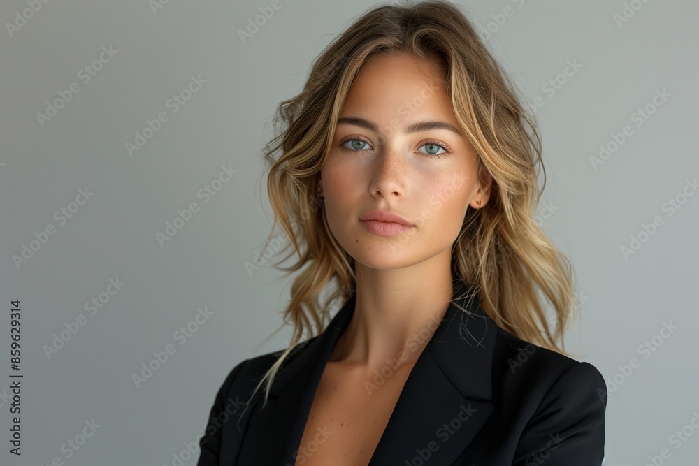 Woman With Long Blonde Hair Posing in Black Blazer Against a Grey Background Woman With Long Blonde Hair Posing in Black Blazer Against a Grey Background