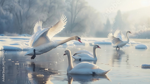 Fototapeta Naklejka Na Ścianę i Meble -  Cute swan family flying over frozen pond in winter, AI Generative.