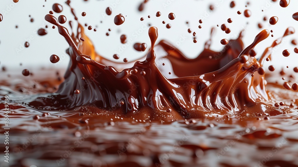 Close up chocolate being poured, creating splash droplets, showcasing texture flow liquid chocolate