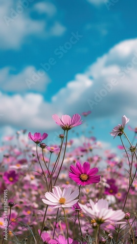 Pink And White Cosmos Flowers In A Field