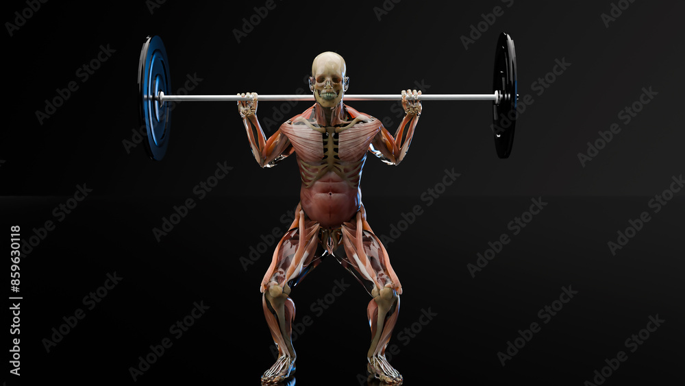 Barbell parallel Squat Exercise. Bodybuilding gym exercising, High Bar Olympic Squat, male workout on black background, Anatomical 3d render Barbell parallel Squat Exercise. Bodybuilding gym exercising, High Bar Olympic Squat, male workout on black background, Anatomical 3d render