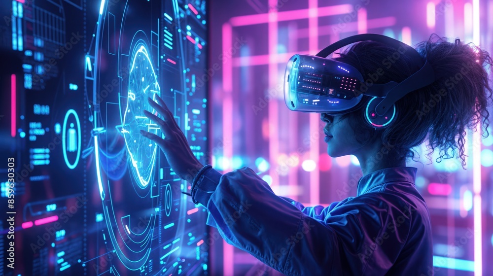 Woman interacting with virtual reality in a modern tech setting Woman interacting with virtual reality in a modern tech setting