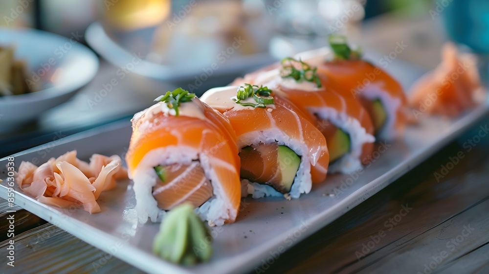 California salmon roll or Uramaki sushi served in plate on wooden table Japanese food style concept : Generative AI California salmon roll or Uramaki sushi served in plate on wooden table Japanese food style concept : Generative AI