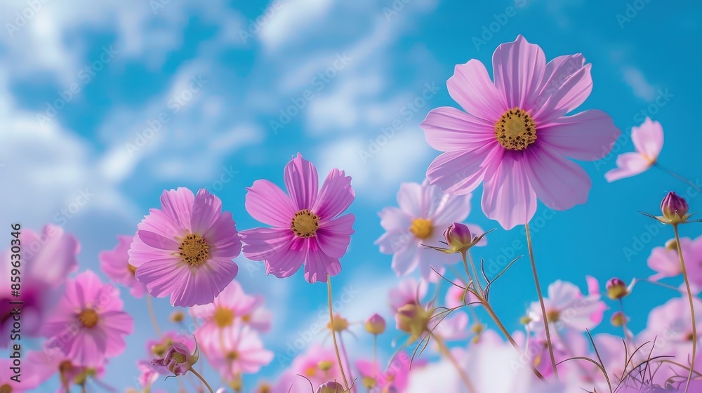 Pink And White Cosmos Flowers Against A Blue Sky