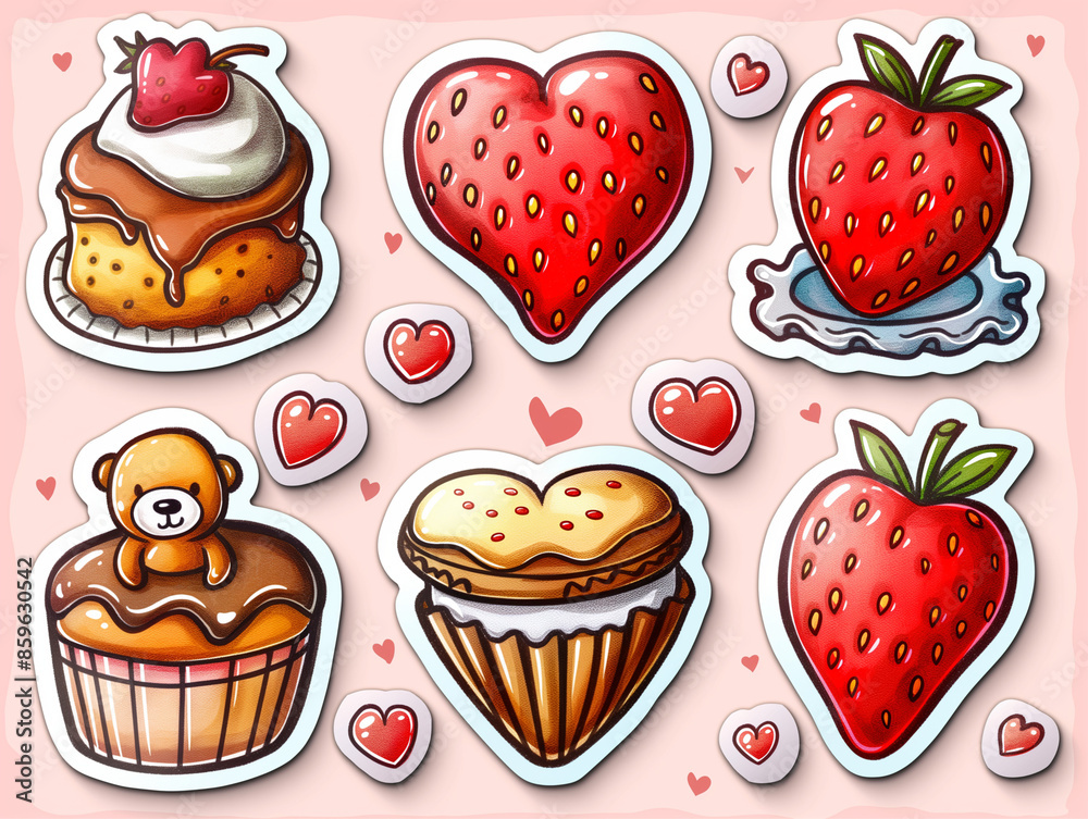 Adorable illustration set featuring various strawberry and heart shaped desserts, decorated with whimsical elements and love-themed accents on a pink background. Adorable illustration set featuring various strawberry and heart shaped desserts, decorated with whimsical elements and love-themed accents on a pink background.