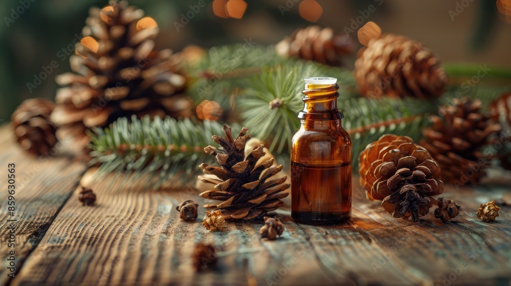 Essential oil of fir tree in bottle with cones and wood spruce on rustic wood table copy space natural skincare hair care aromatherapy massage sauna concept Essential oil of fir tree in bottle with cones and wood spruce on rustic wood table copy space natural skincare hair care aromatherapy massage sauna concept