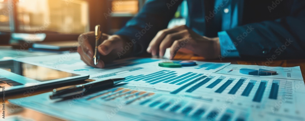 Business professional working with financial documents and charts on a laptop, illustrating the concept of business strategy and investment analysis. Business professional working with financial documents and charts on a laptop, illustrating the concept of business strategy and investment analysis.