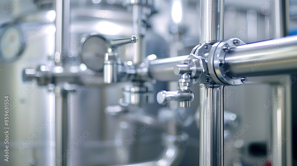 Stainless steel pipes and taps in the food and pharmaceutical industry as an industrial background : Generative AI