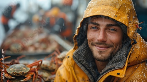A smiling fisherman in a hooded yellow raincoat, surrounded by crabs and the wet deck of a fishing boat, embodying the joy and labor of his maritime occupation. © svastix