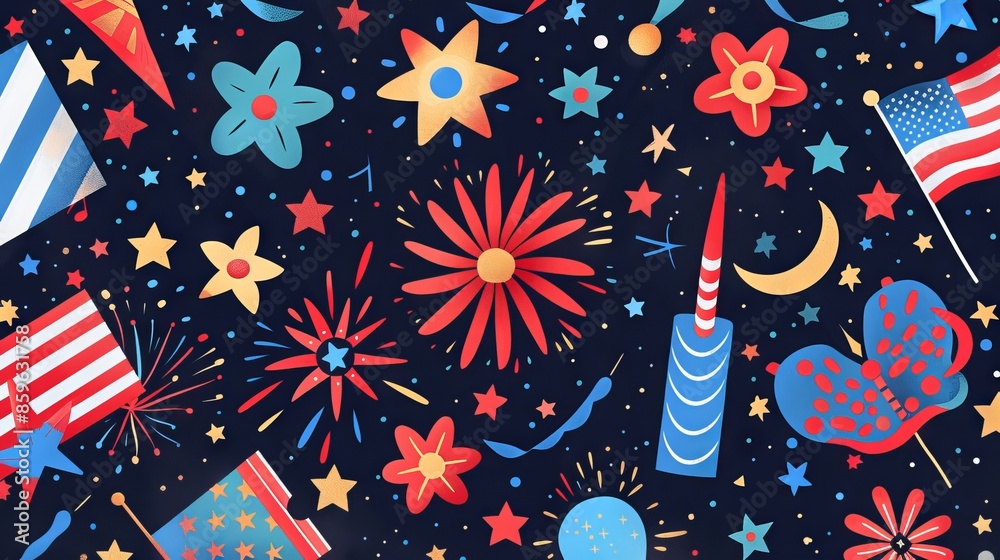 Obraz premium Colorful Memorial Day illustration with fireworks and patriotic symbols.