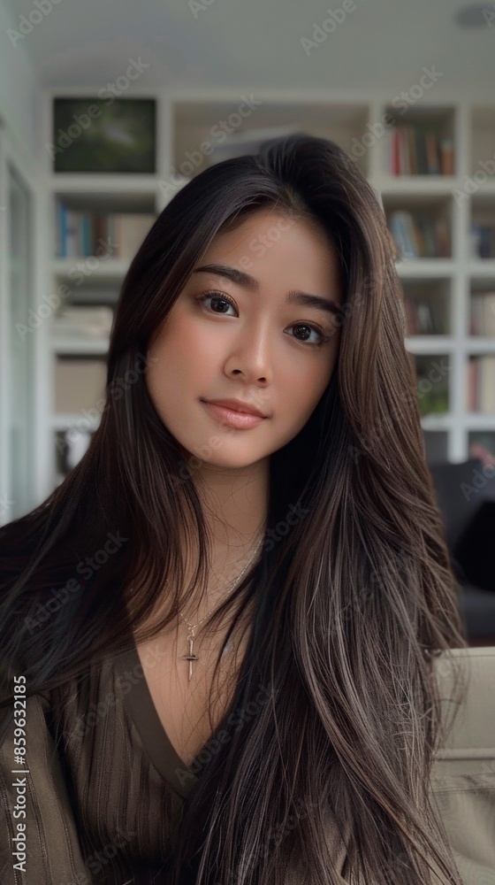 A young woman with long, dark hair gazes thoughtfully into the camera A young woman with long, dark hair gazes thoughtfully into the camera
