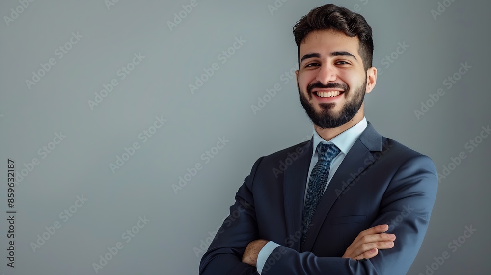 Handsome hispanic man wearing suit and tie happy face smiling with crossed arms looking at the camera positive person : Generative AI Handsome hispanic man wearing suit and tie happy face smiling with crossed arms looking at the camera positive person : Generative AI