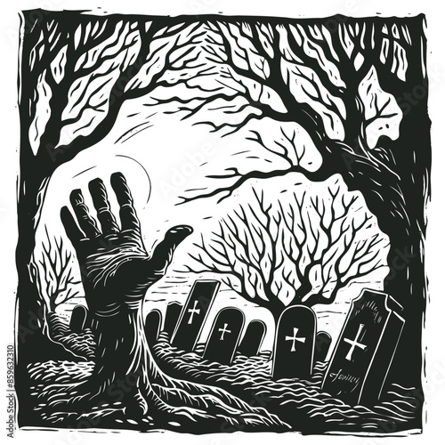 Zombie arm out from ground of grave, vector
